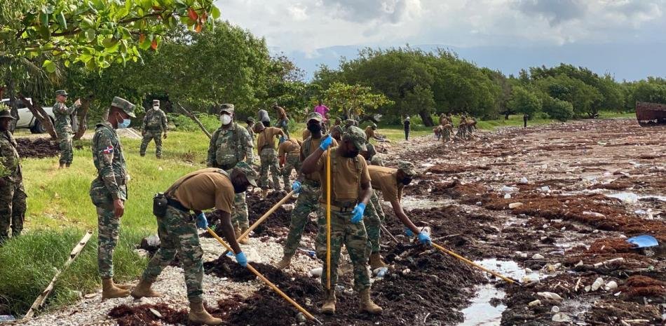 Más de 400 personas participan en Barahona en un operativo para retirar el sargazo que cubre playas y zona costera